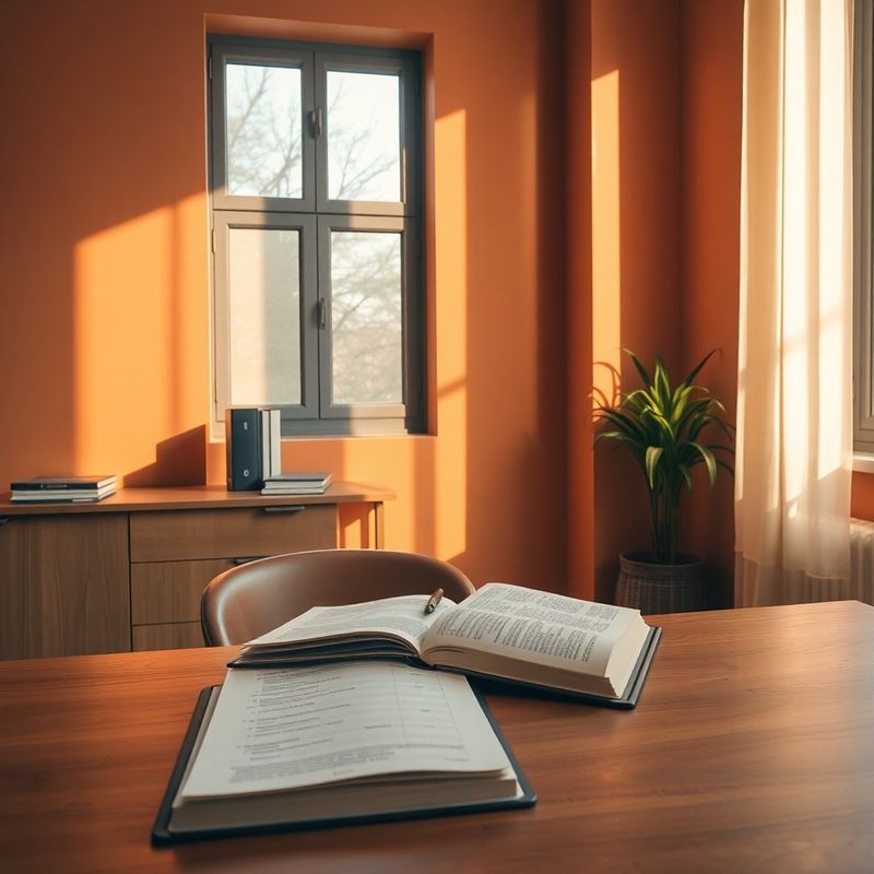 Birou cald, cu pereți teracotă și accente crem, registru deschis pe masa de lemn în lumina naturală