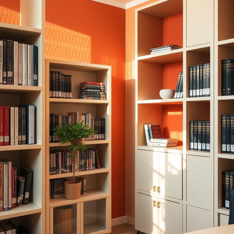 Interior de birou de consultanță fiscală cu perete teracotă și rafturi crem cu coduri legale și bibliorafturi