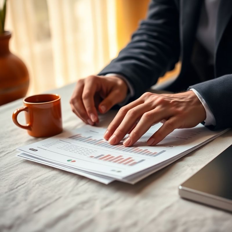 Mâinile unui consultant revizuind documente financiare pe o suprafață de in crem, lumină caldă de după-amiază