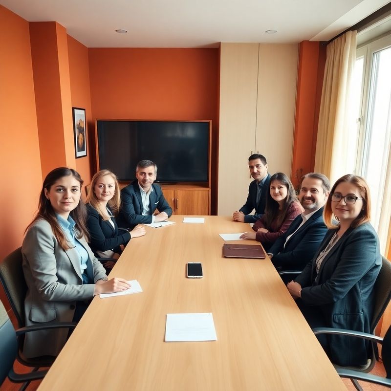 Echipă de opt consultanți fiscali români în jurul mesei de conferințe într-o sală cu ton cald, teracotă și crem